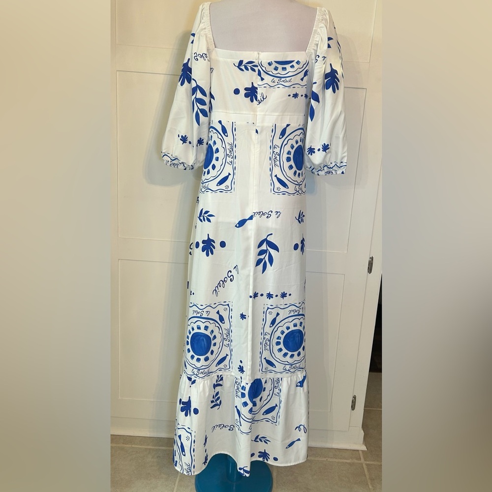 White and Blue Mediterranean Square-Neck Maxi Dress XXL - Picture 2 of 12